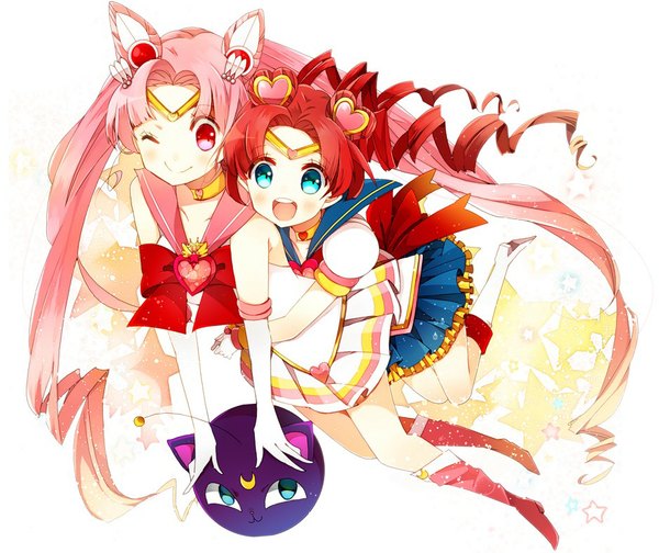 Anime picture 939x789 with bishoujo senshi sailor moon toei animation chibiusa sailor chibi moon chibi chibi sailor chibi chibi long hair looking at viewer blush fringe open mouth blue eyes smile purple eyes twintails multiple girls holding pink hair red hair very long hair