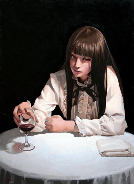 Anime picture 845x1160 with original pony single long hair tall image fringe simple background brown hair sitting brown eyes looking away realistic black background girl shirt frills white shirt table alcohol wine glass