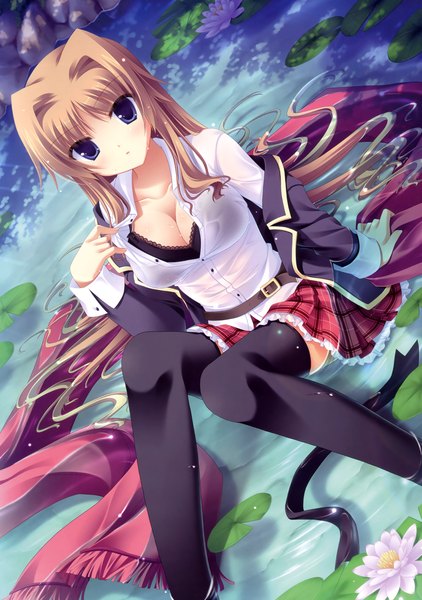 Anime picture 2532x3600 with midori no umi chisha yukie (peach candy) single long hair tall image looking at viewer highres blue eyes light erotic brown hair girl thighhighs skirt uniform black thighhighs school uniform shirt water lingerie