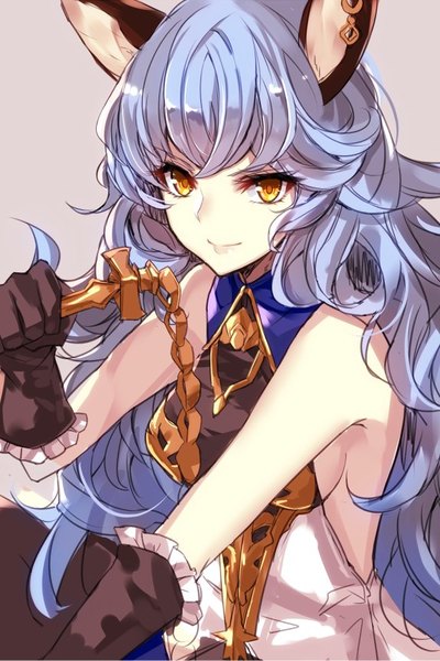 Anime picture 574x859 with granblue fantasy ferri (granblue fantasy) ferry (granblue fantasy) aosaki yukina single long hair tall image fringe simple background smile sitting bare shoulders holding animal ears blue hair looking away grey background wavy hair girl dress