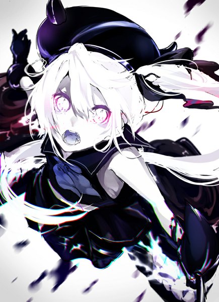 Anime picture 775x1069 with kantai collection destroyer hime miwano rag single long hair tall image looking at viewer open mouth white hair ponytail from above teeth fang (fangs) sleeveless side ponytail shinkaisei-kan white eyes girl gloves uniform