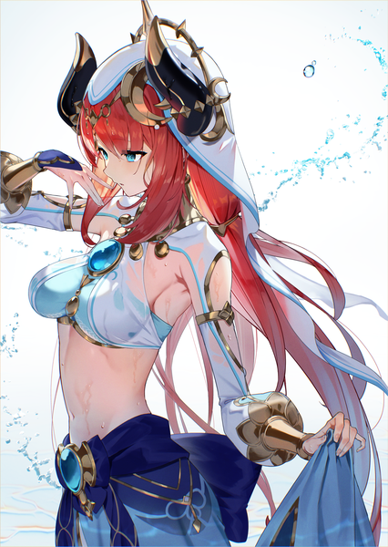 Anime picture 1777x2500 with genshin impact nilou (genshin impact) scottie (phantom2) single long hair tall image highres blue eyes light erotic white background looking away red hair traditional clothes horn (horns) midriff wet girl water veil arabian clothes