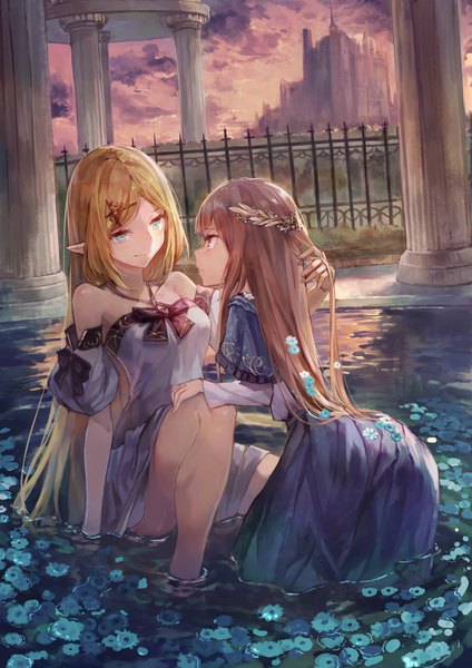 Anime picture 2728x3859 with original kobuta long hair tall image blush highres light erotic blonde hair brown hair sitting bare shoulders multiple girls brown eyes profile hair flower pointy ears arm support partially submerged shoujo ai face to face