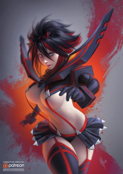 Anime picture 700x990 with kill la kill studio trigger matoi ryuuko warrenlouw single tall image looking at viewer fringe short hair breasts blue eyes light erotic black hair simple background hair between eyes standing signed red hair parted lips pleated skirt