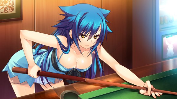 Anime picture 1280x720 with tsuyokiss next single long hair light erotic wide image bare shoulders yellow eyes blue hair game cg cleavage billiards girl dress cue stick pool table