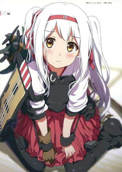 Anime picture 2483x3500 with kantai collection milky been! (ogipote) - anime heroine twinta-ka illubon (artbook) shoukaku aircraft carrier ogipote single long hair tall image looking at viewer blush fringe highres sitting twintails brown eyes payot white hair scan depth of field wariza alternate hairstyle