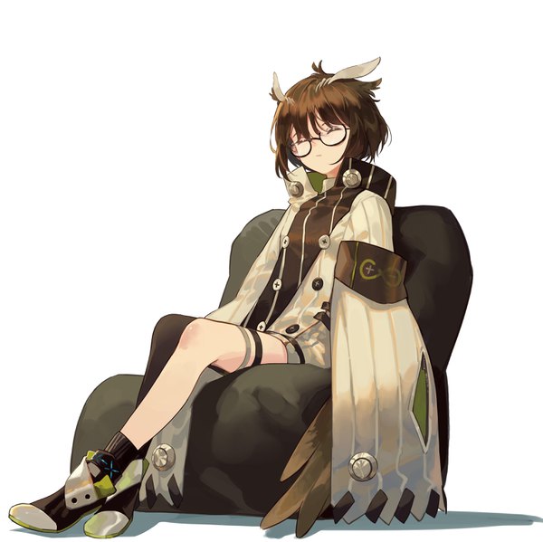 Anime picture 3054x3053 with arknights silence (arknights) mixkechin single fringe highres short hair simple background hair between eyes brown hair white background sitting animal ears absurdres full body ahoge bent knee (knees) eyes closed horn (horns) wide sleeves