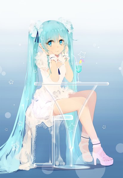 Anime picture 1300x1889 with vocaloid hatsune miku bba1985 single tall image looking at viewer blue eyes smile sitting twintails very long hair aqua hair dress shoes white dress star (symbol) drink