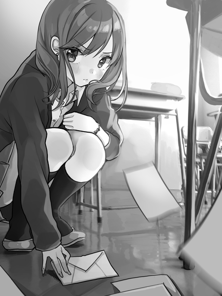 Anime picture 750x1000 with original shigure ui single tall image looking at viewer blush short hair pleated skirt blurry monochrome squat classroom frown girl skirt socks bracelet chair paper desk