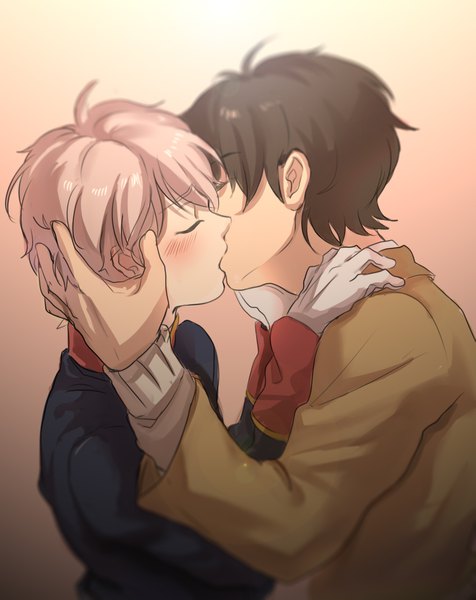 Anime picture 1771x2234 with aldnoah.zero a-1 pictures slaine troyard kaizuka inaho toyo (s9654431) tall image blush fringe highres short hair simple background brown hair silver hair upper body eyes closed blurry multiple boys couple gradient background kiss