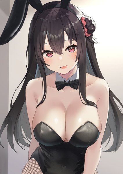 Anime picture 1013x1432 with original masco single long hair tall image looking at viewer blush fringe breasts open mouth light erotic black hair hair between eyes red eyes large breasts animal ears :d hair bun (hair buns) bunny ears covered navel