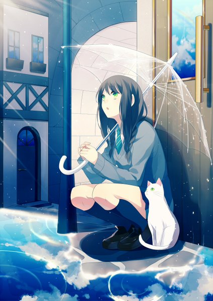 Anime picture 1000x1414 with original achiki single long hair tall image open mouth black hair green eyes reflection looking up transparent umbrella girl skirt uniform school uniform animal socks shoes black socks building (buildings)
