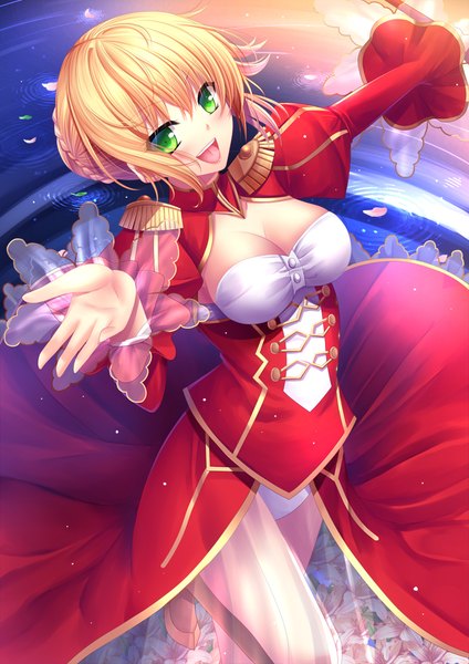 Anime picture 707x1000 with fate (series) fate/extra nero claudius (fate) (all) nero claudius (fate) toshi (1-147) single tall image blush short hair breasts open mouth light erotic blonde hair green eyes looking away cleavage spread arms underbust girl dress