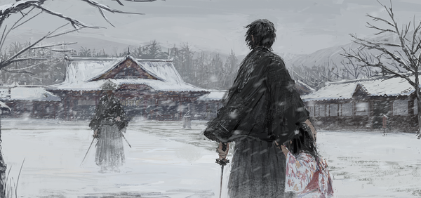 Anime picture 2087x984 with original shion (mirudakemann) highres short hair black hair wide image standing sky traditional clothes japanese clothes wind from behind floral print snowing winter snow bare tree girl boy weapon