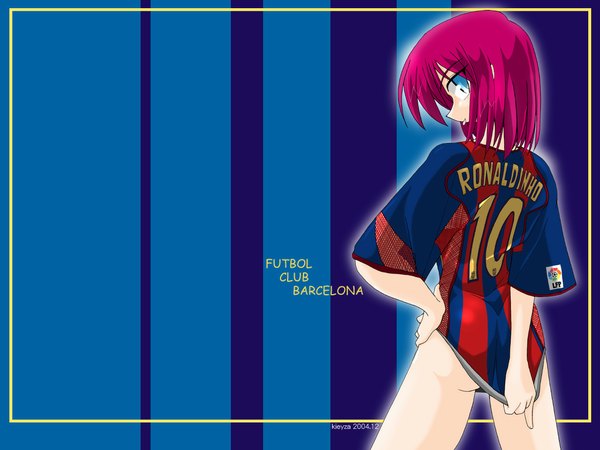 Anime picture 1024x768 with shingetsutan tsukihime type-moon hisui (tsukihime) kieyza single blue eyes light erotic purple hair football ranguage engrish shirt tug girl uniform tongue gym uniform soccer uniform