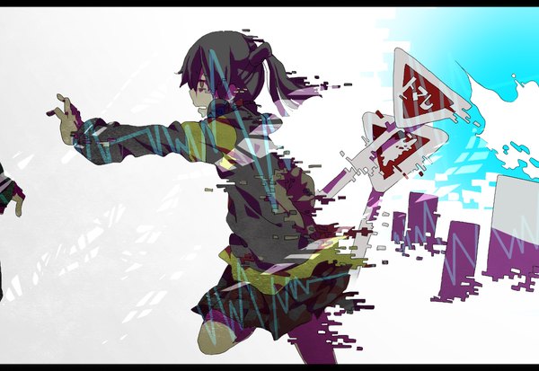 Anime picture 1016x700 with kagerou project shaft (studio) enomoto takane barutika single short hair black hair white background brown eyes profile tears city letterboxed girl skirt headphones sweater traffic sign