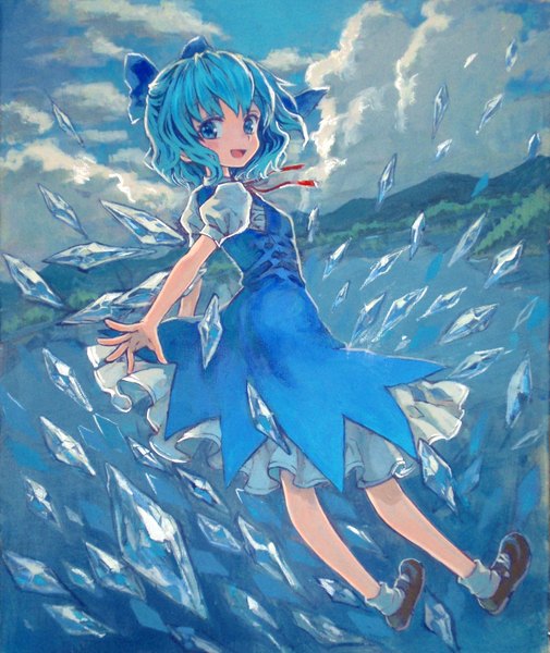 Anime picture 1257x1492 with touhou cirno ama-tou single tall image blush short hair blue eyes blue hair sky cloud (clouds) looking back lake girl dress bow hair bow wings ice