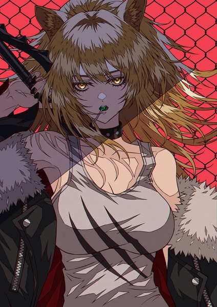 Anime picture 2890x4093 with arknights siege (arknights) shokikanes single long hair tall image fringe highres blonde hair hair between eyes animal ears yellow eyes cleavage upper body ponytail nail polish off shoulder expressionless lion ears girl