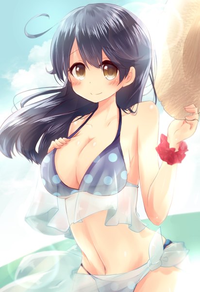 Anime picture 880x1280 with kantai collection ushio destroyer nano (cherry line) single long hair tall image looking at viewer blush breasts light erotic black hair smile large breasts bare shoulders brown eyes sky ahoge lens flare hand on chest polka dot