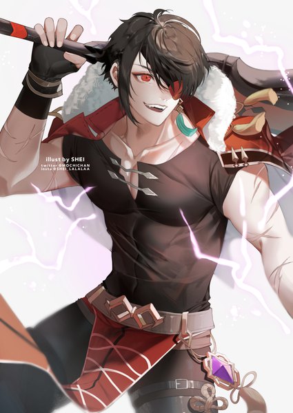 Anime picture 1769x2500 with genshin impact beidou (genshin impact) shei99 single tall image highres short hair open mouth black hair red eyes signed looking away :d scar clothes on shoulders genderswap electricity boy eyepatch single earring