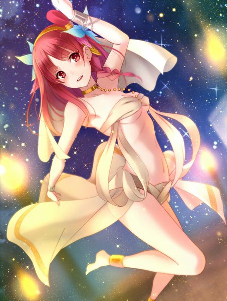 Anime picture 756x1000 with magi the labyrinth of magic a-1 pictures morgiana kisaichi jin single long hair tall image open mouth light erotic red eyes bare shoulders red hair braid (braids) barefoot hair flower bare belly space girl hair ornament flower (flowers)