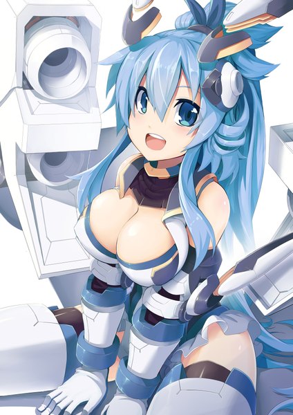 Anime picture 2893x4091 with original jie laite single long hair tall image looking at viewer fringe highres breasts open mouth blue eyes light erotic hair between eyes large breasts sitting blue hair ponytail from above arm support girl