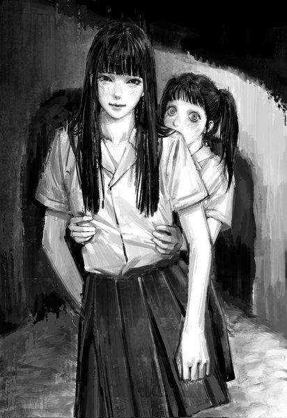 Anime picture 1407x2048 with original hxtxr666 long hair tall image looking at viewer fringe standing twintails multiple girls blunt bangs pleated skirt short sleeves monochrome crazy eyes girl skirt 2 girls shirt