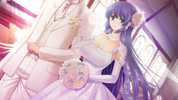 Anime picture 1280x720 with gakuen taima! holy x moly (game) long hair blue eyes wide image blue hair game cg girl dress wedding dress