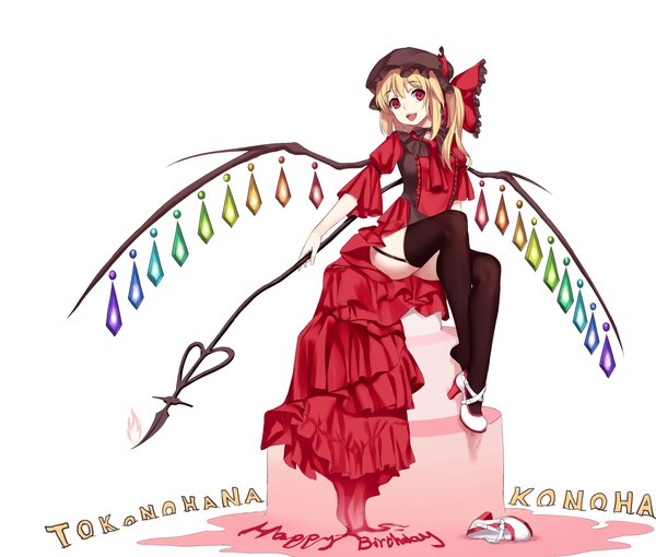 Anime picture 4480x3807 with touhou flandre scarlet zi se single long hair looking at viewer highres open mouth light erotic blonde hair smile red eyes white background sitting absurdres high heels one side up happy birthday single shoe girl