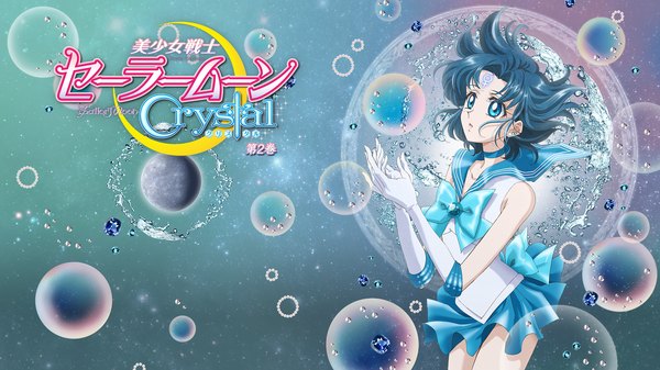 Anime picture 1920x1080 with bishoujo senshi sailor moon toei animation mizuno ami sailor mercury single highres short hair blue eyes wide image blue hair pleated skirt space girl skirt gloves bow earrings miniskirt water elbow gloves