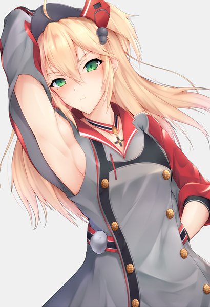 Anime picture 1225x1789 with azur lane admiral hipper (azur lane) ranju aira single long hair tall image looking at viewer blush fringe breasts simple background blonde hair hair between eyes green eyes payot upper body ahoge grey background mole armpit (armpits)