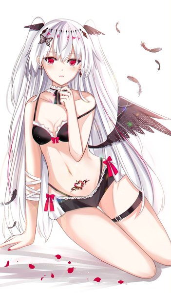 Anime picture 1175x2010 with original syara 20001 single long hair tall image looking at viewer blush fringe open mouth light erotic hair between eyes red eyes white hair nail polish arm support tattoo two side up thigh gap black wings red nail polish