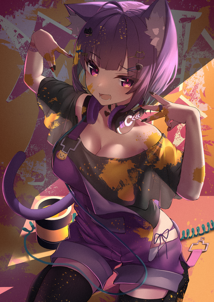Anime picture 2894x4093 with virtual youtuber hololive nekomata okayu inaba teitoku single tall image highres short hair open mouth light erotic purple eyes animal ears purple hair ahoge tail nail polish :d animal tail from above cat ears