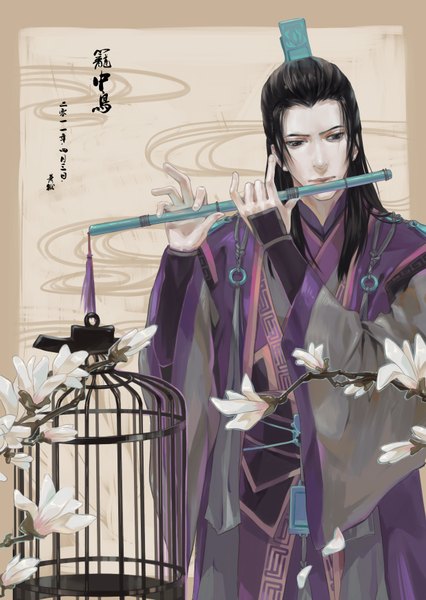 Anime picture 1240x1748 with swords of legends (game) yunvshen single long hair tall image black hair long sleeves traditional clothes black eyes hieroglyph chinese clothes framed boy flower (flowers) petals branch musical instrument cage flute magnolia