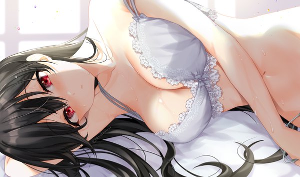 Anime picture 4921x2894 with original asakishoten single long hair looking at viewer blush fringe highres breasts light erotic black hair hair between eyes red eyes wide image large breasts signed absurdres indoors lying arm up