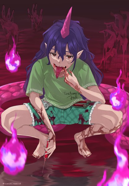 Anime picture 959x1380 with touhou unfinished dream of all living ghost tenkajin chiyari phinease single long hair tall image looking at viewer fringe hair between eyes red eyes purple hair full body tail nail polish head tilt barefoot horn (horns) pointy ears bare legs