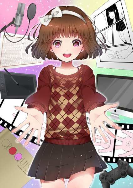 Anime picture 1000x1414 with macintosh original apple inc. noda shuha tall image short hair open mouth brown hair pink eyes girl skirt bow hair bow hairband sweater microphone stand