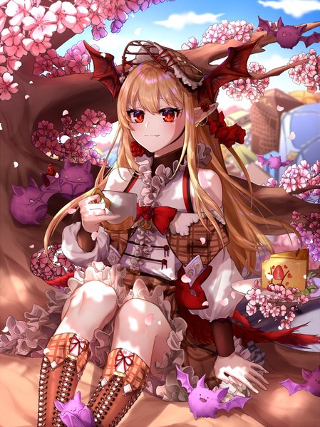 Anime picture 900x1202 with granblue fantasy shadowverse vampy hm (wonhml) single long hair tall image blush fringe blonde hair smile hair between eyes red eyes sitting bare shoulders holding payot sky cloud (clouds) outdoors