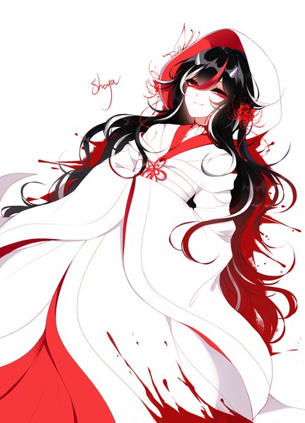 Anime-Bild 2200x3050 mit touhou kijin seija sheya single long hair tall image looking at viewer fringe highres black hair simple background blonde hair smile hair between eyes white background signed lying long sleeves traditional clothes japanese clothes