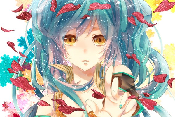Anime picture 1500x1000 with vocaloid hatsune miku togashi (choco-bakama kitchen) single long hair looking at viewer open mouth twintails yellow eyes nail polish fingernails aqua hair open clothes crying girl detached sleeves petals teardrop