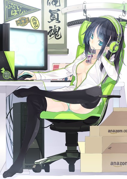 Anime picture 1200x1697 with original senmu long hair tall image blue eyes black hair sitting mouth hold girl thighhighs weapon black thighhighs sword headphones katana chair monitor computer office chair computer mouse