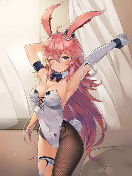 Anime picture 1050x1400 with benghuai xueyuan honkai (series) yae sakura aliceblue single long hair tall image blush fringe breasts blue eyes light erotic hair between eyes standing animal ears pink hair cleavage ahoge indoors tail