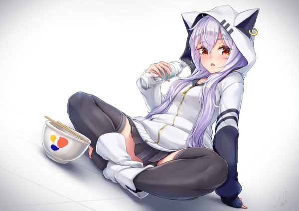 Anime picture 1771x1254 with virtual youtuber azuma lim channel azuma lim kurofude anna single long hair looking at viewer fringe highres light erotic simple background hair between eyes red eyes sitting holding purple hair full body long sleeves arm support indian style