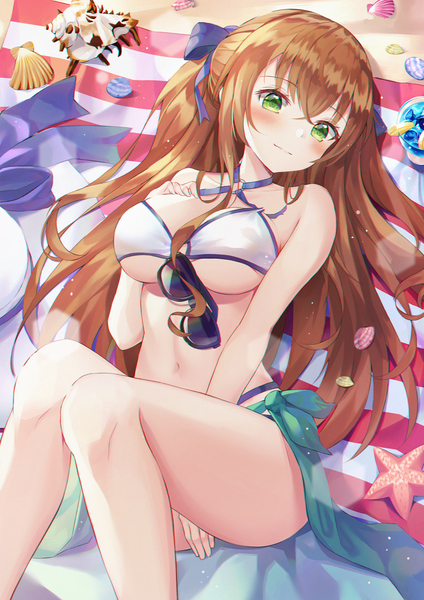 Anime picture 2276x3224 with girls frontline m1903 springfield (girls frontline) hyonee single long hair tall image looking at viewer blush fringe highres breasts light erotic hair between eyes brown hair bare shoulders green eyes outdoors lying on back underboob