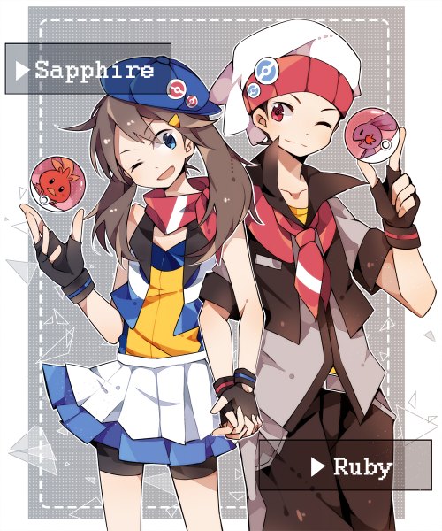 Anime picture 1000x1200 with pokemon pokemon special pokemon (game) pokemon oras nintendo may (pokemon) mudkip torchic ruby (pokemon) odamaki sapphire fuuko (2679566944) long hair tall image short hair open mouth blue eyes smile red eyes brown hair looking away