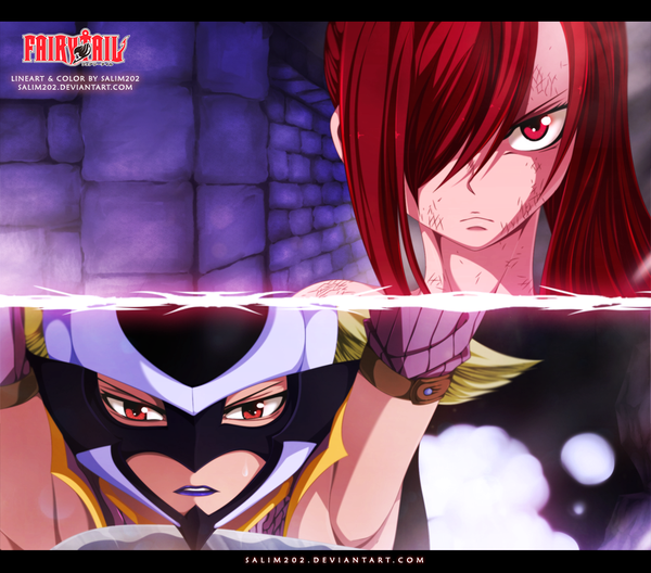 Anime picture 1000x881 with fairy tail erza scarlet kyouka (fairy tail) salim202 long hair fringe blonde hair red eyes multiple girls red hair hair over one eye inscription armpit (armpits) lipstick coloring smoke manga girl 2 girls mask