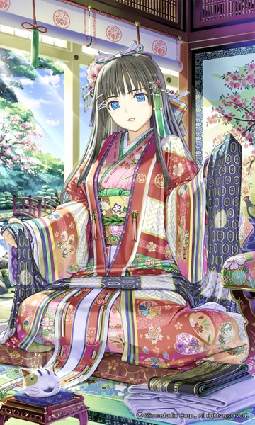 Anime picture 840x1400 with gyakushuu no fantasica nakabayashi reimei single long hair tall image looking at viewer blue eyes black hair traditional clothes japanese clothes girl hair ornament plant (plants) tree (trees) kimono