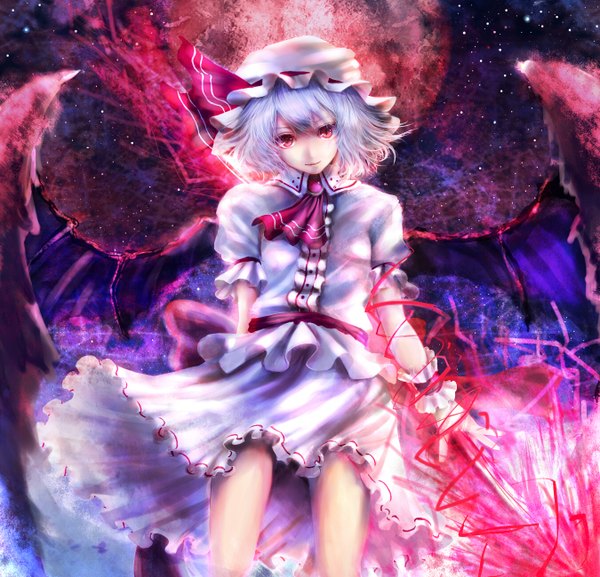 Anime picture 1350x1300 with touhou remilia scarlet koukyou single short hair red eyes purple hair legs red moon girl skirt hat wings star (stars) spear the gungnir