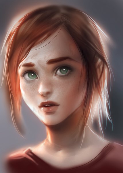 Anime picture 1000x1400 with the last of us ellie sakimichan single tall image short hair open mouth simple background green eyes red hair lips realistic grey background close-up face girl