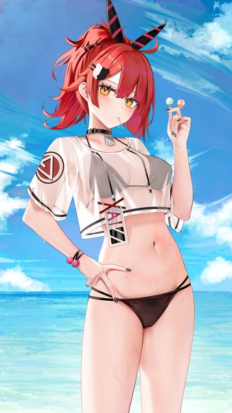 Anime picture 3000x5328 with girls frontline mp7 (girls frontline) mp7 (lollipop ammo) (girls frontline) ru zhai single tall image looking at viewer blush fringe highres short hair light erotic hair between eyes standing holding yellow eyes sky cloud (clouds) outdoors ponytail